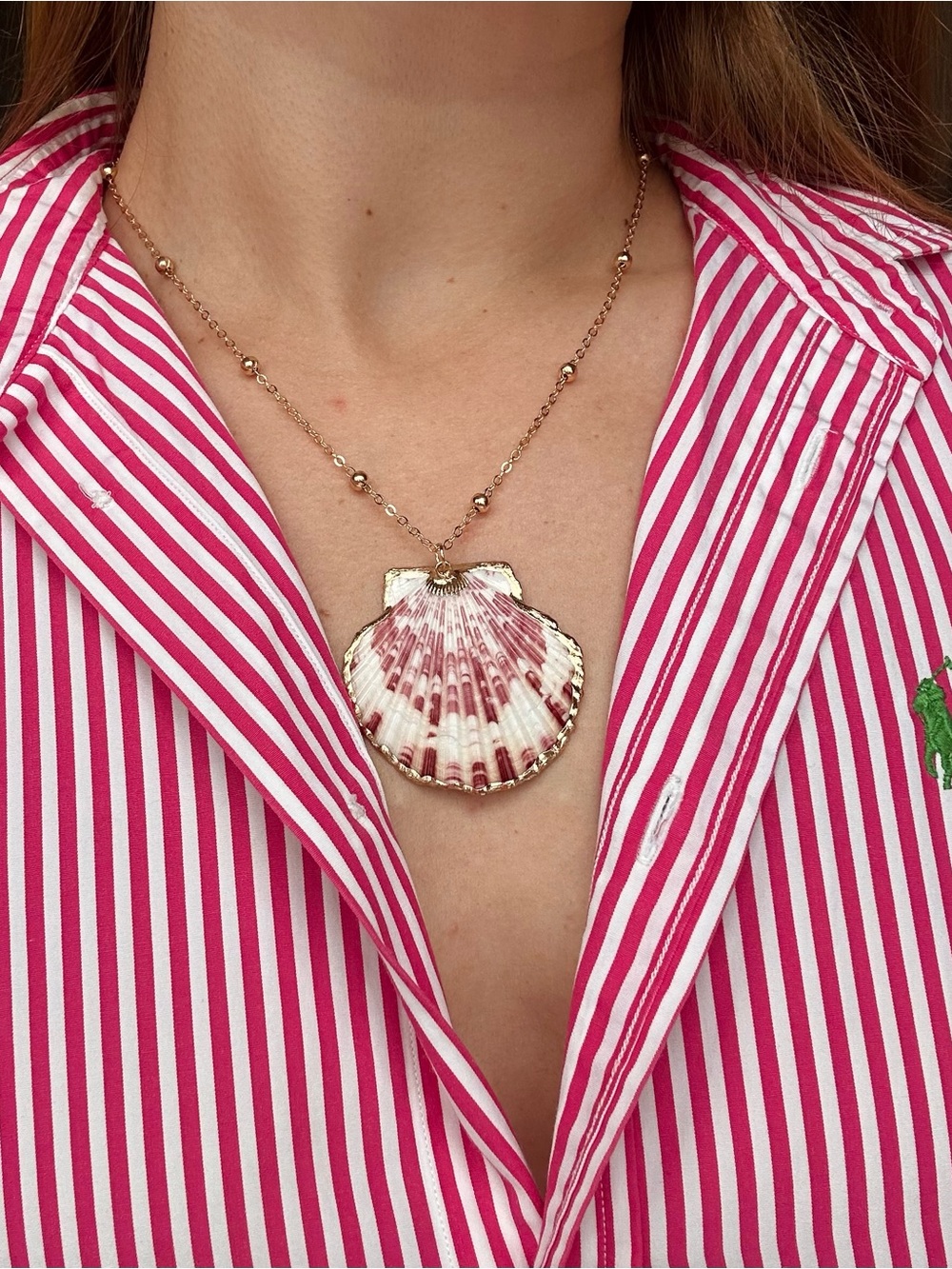 Gold Shell Pendant Necklace with Pink and White Accents